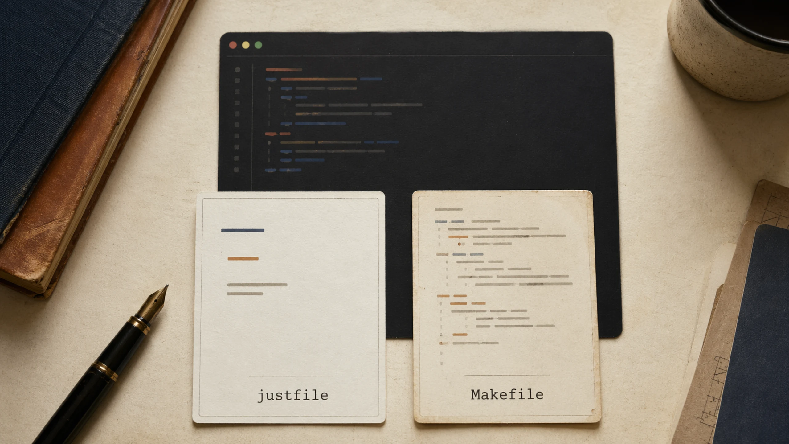Ilustração editorial de cartões justfile e Makefile sobre uma mesa com terminal ao fundo.